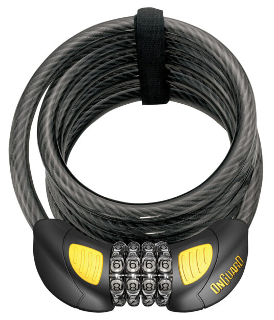 Замок Onguard DOBERMAN GLO кодовый на 4 цифры с LED-подсветкой, спиральный трос 185см х 12мм, поворотный держатель на раму