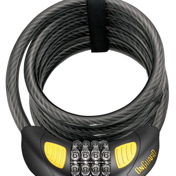 Замок Onguard DOBERMAN GLO кодовый на 4 цифры с LED-подсветкой, спиральный трос 185см х 12мм, поворотный держатель на раму
