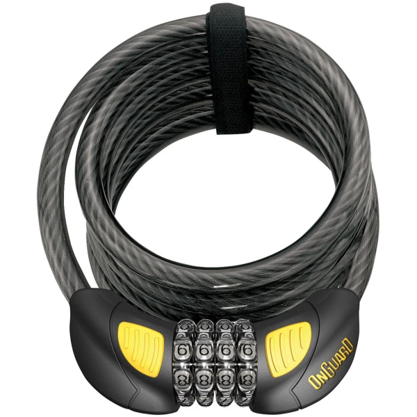 Замок ONGUARD DOBERMAN GLO кодовий на 4 цифри з LED-підсвіткою. Спіральний трос 185см х 12мм, поворотний тримач на раму
