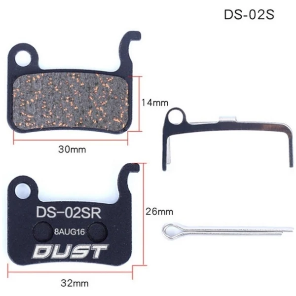 Колодки гальмiвнi полуметал disc DUST DS-02S 
Пiдходе пiд дисковi гальма Shimano M975/966/596/800/765/775/601/665/585/545/535, R-505, S-500