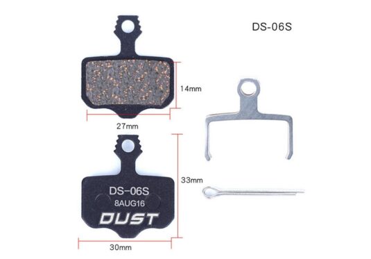 Колодки гальмiвнi полуметал DUST DS-06S 
Пiдходить пiд дисковi гальма AVID ELIXI/R/CR Mag /E1/E3/E5/E7/E9/XO/XX
