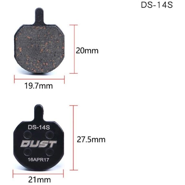 Колодки гальмiвнi полуметал пiд дисковi гальма DUST DS-14S 
Пiдходить пiд дисковi гальма Hayes Sole hydraulic、MX2、MX3、MX4、GX2、CX5、Bengal HELIX3、HELIX5