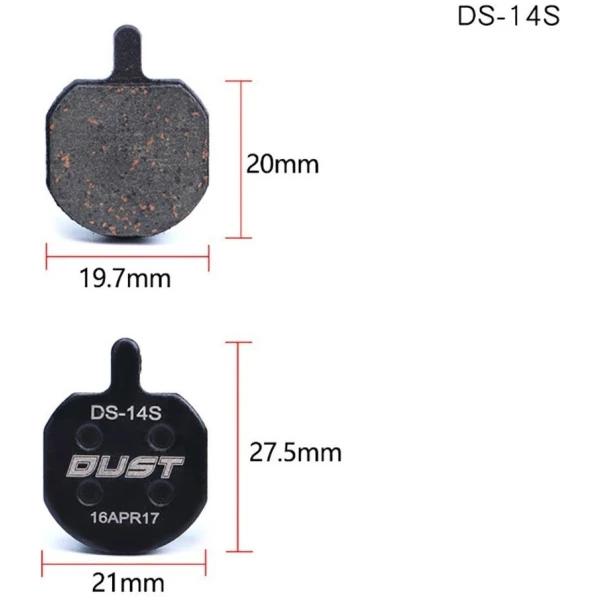 Колодки гальмiвнi полуметал пiд дисковi гальма DUST DS-14S 
Пiдходить пiд дисковi гальма Hayes Sole hydraulic、MX2、MX3、MX4、GX2、CX5、Bengal HELIX3、HELIX5